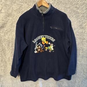 Looney Tunes Navy Blue Unisex Half-Zip Fleece Sweatshirt Sz XL
